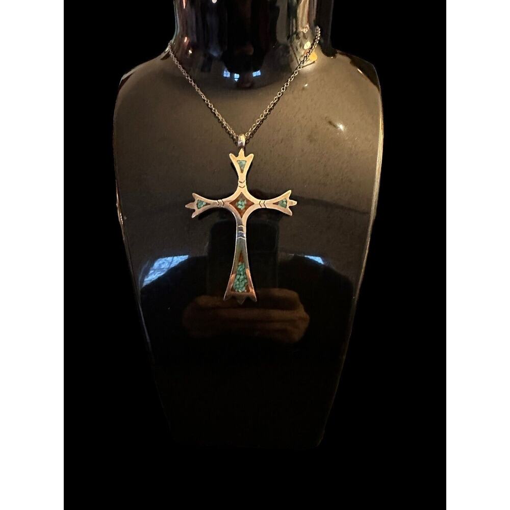 Sterling Native American Cross With Inlaid Red Coral And Turquoise Silver Chain - Picture 14 of 16